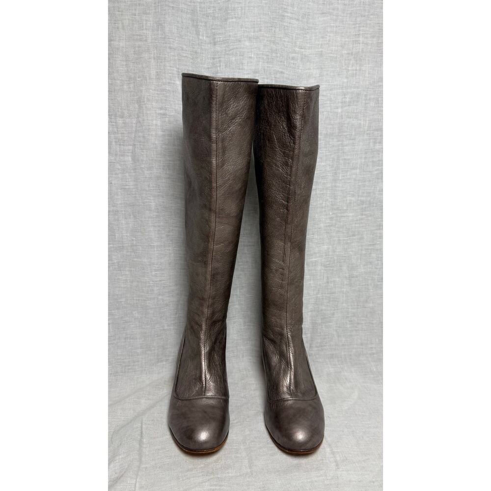Calleen Cordero Metallic Pewter Leather Knee High Boots Stacked Wood Heel
Size 6